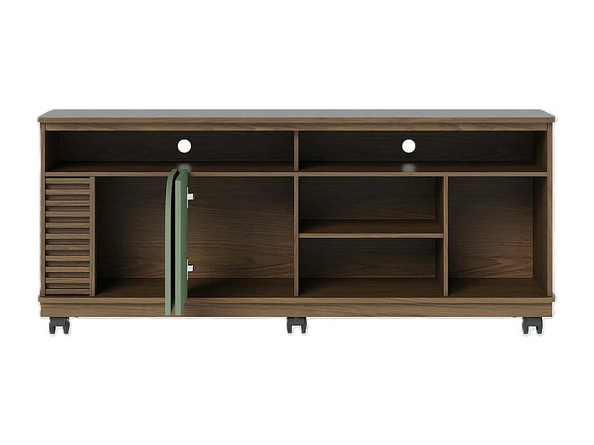 Meuble TV 65 Pouces Vert Olive et Chêne 2 Portes 7 Niches Roulettes L 150 H 63.2 P 39.3 cm