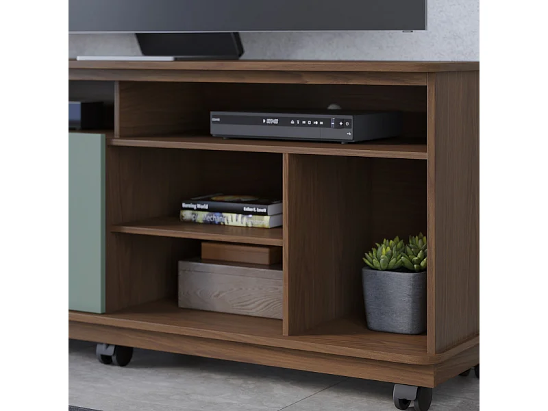 Meuble TV 65 Pouces Vert Olive et Chêne 2 Portes 7 Niches Roulettes L 150 H 63.2 P 39.3 cm