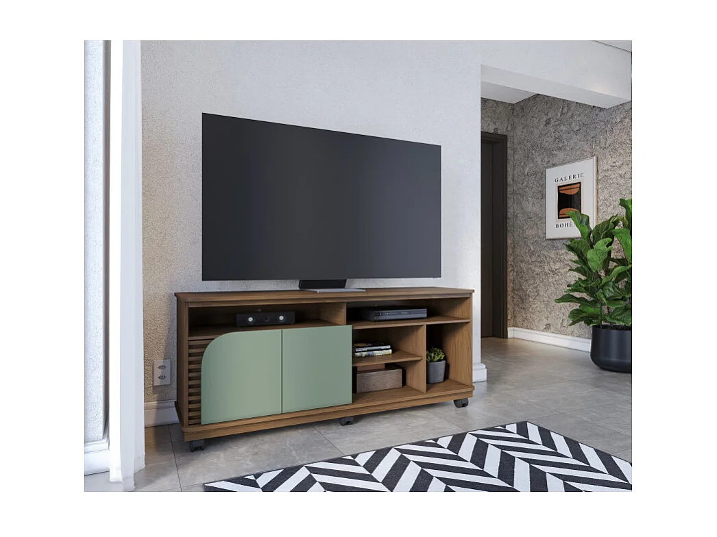 Meuble TV 65 Pouces Vert Olive et Chêne 2 Portes 7 Niches Roulettes L 150 H 63.2 P 39.3 cm