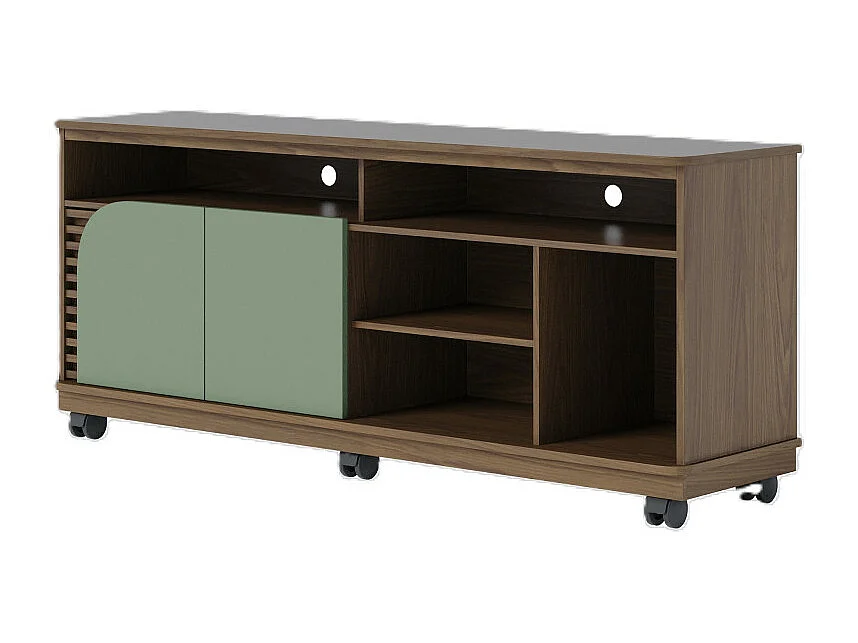 Meuble TV 65 Pouces Vert Olive et Chêne 2 Portes 7 Niches Roulettes L 150 H 63.2 P 39.3 cm