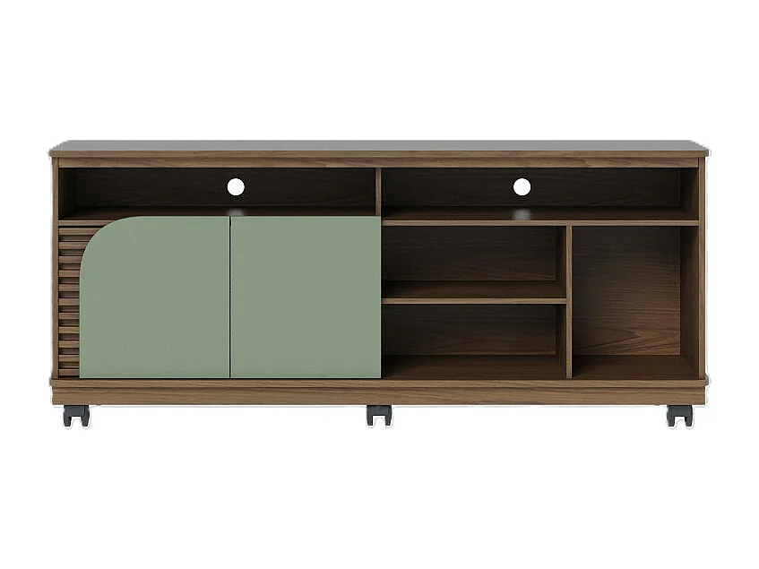 Meuble TV 65 Pouces Vert Olive et Chêne 2 Portes 7 Niches Roulettes L 150 H 63.2 P 39.3 cm