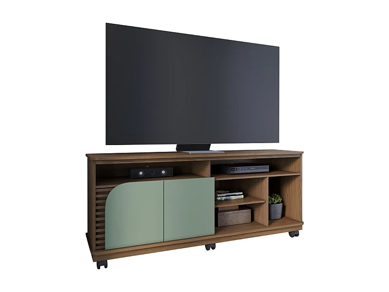 Meuble TV 65 Pouces Vert Olive et Chêne 2 Portes 7 Niches Roulettes L 150 H 63.2 P 39.3 cm