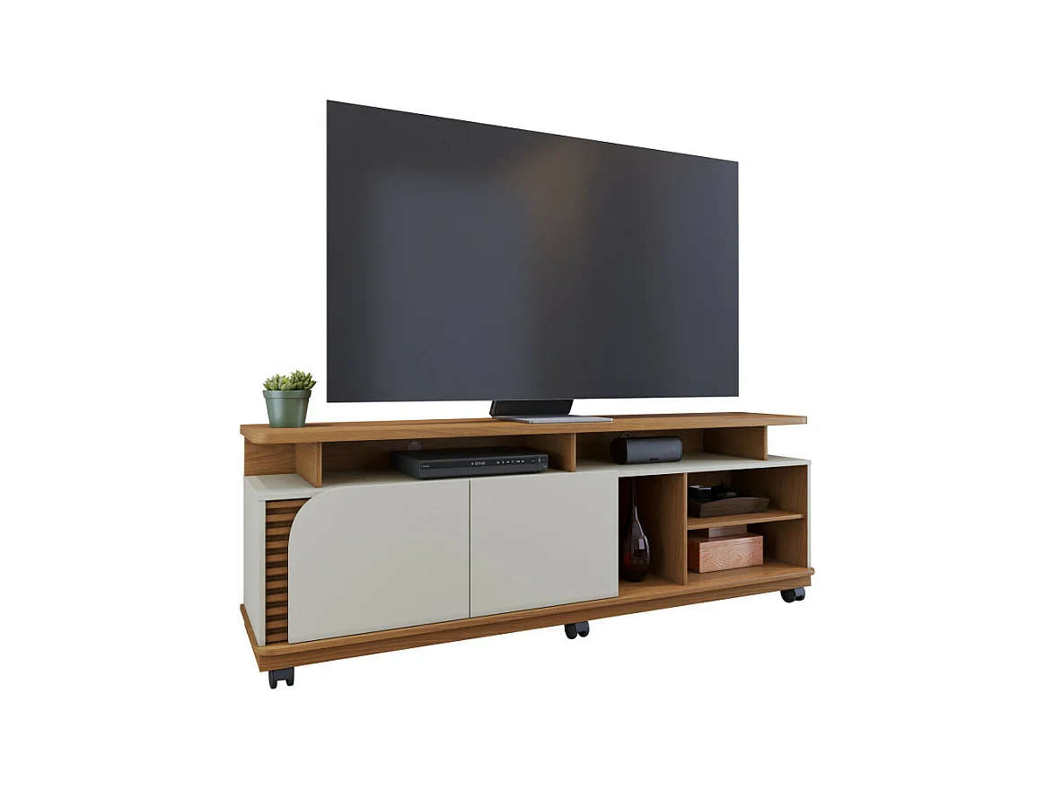 Meuble TV 75 Pouces Chêne et Blanc 2 Portes 9 Niches L 180 H 62 P 39.3 cm