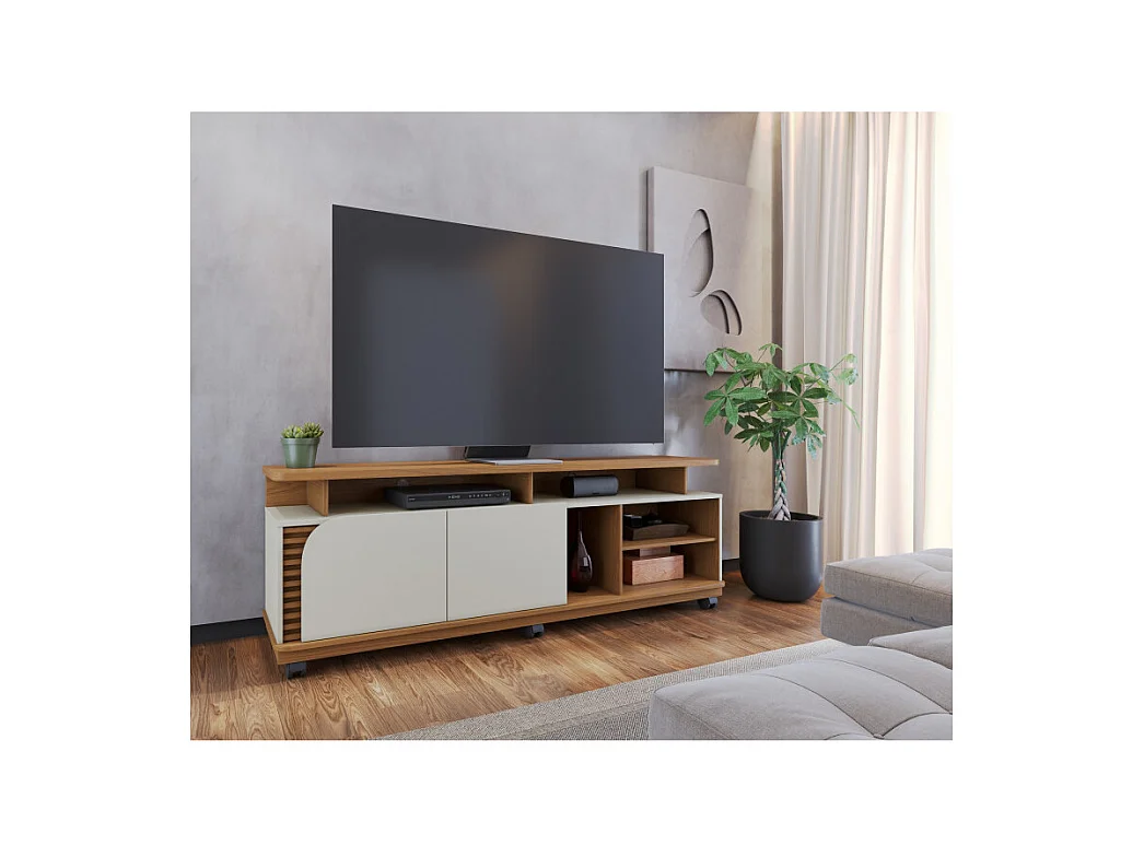 Meuble TV 75 Pouces Chêne et Blanc 2 Portes 9 Niches L 180 H 62 P 39.3 cm