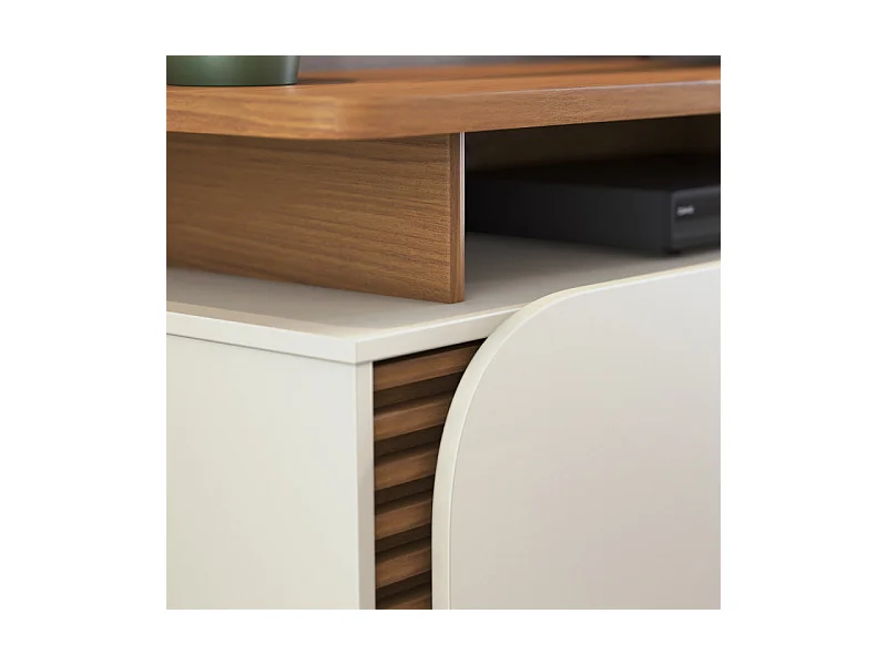 Meuble TV 75 Pouces Chêne et Blanc 2 Portes 9 Niches L 180 H 62 P 39.3 cm