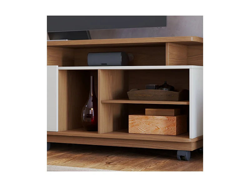 Meuble TV 75 Pouces Chêne et Blanc 2 Portes 9 Niches L 180 H 62 P 39.3 cm