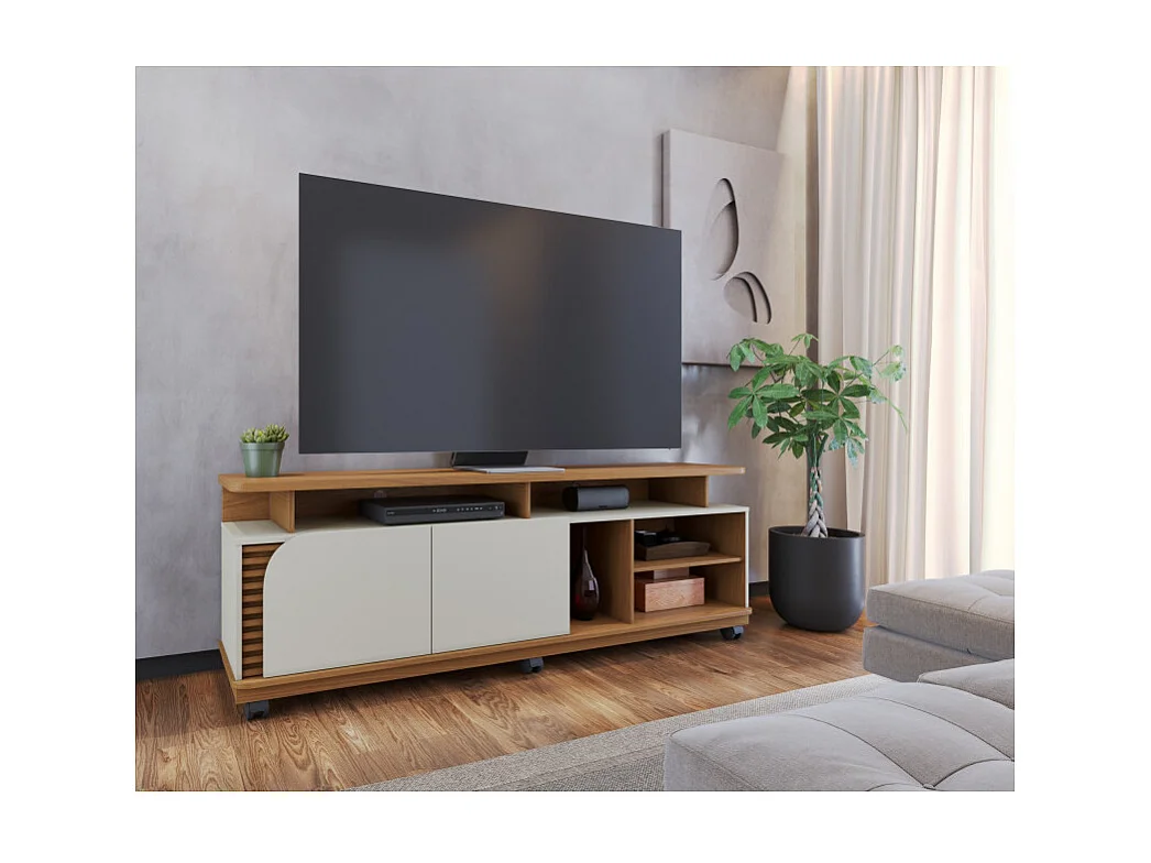 Meuble TV 75 Pouces Chêne et Blanc 2 Portes 9 Niches L 180 H 62 P 39.3 cm
