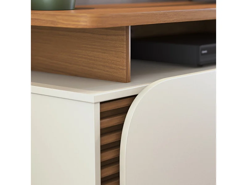 Meuble TV 75 Pouces Chêne et Blanc 2 Portes 9 Niches L 180 H 62 P 39.3 cm