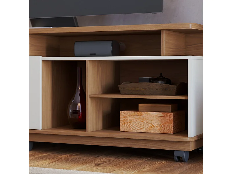 Meuble TV 75 Pouces Chêne et Blanc 2 Portes 9 Niches L 180 H 62 P 39.3 cm