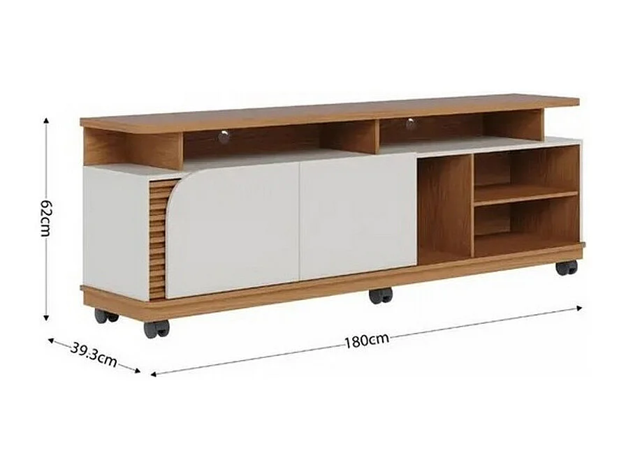 Meuble TV 75 Pouces Chêne et Blanc 2 Portes 9 Niches L 180 H 62 P 39.3 cm