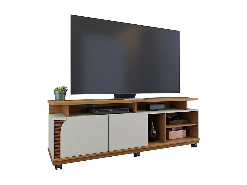 Meuble TV 75 Pouces Chêne et Blanc 2 Portes 9 Niches L 180 H 62 P 39.3 cm
