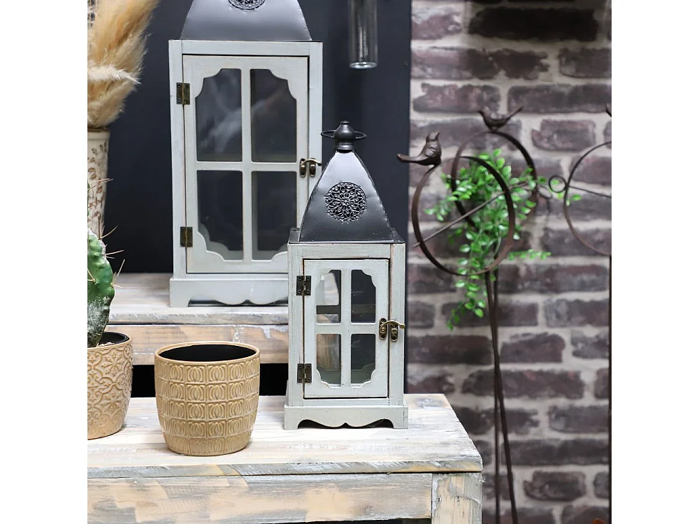 Lanternes jardin extérieur à poser bougie ancienne bois blanc 58-39cm