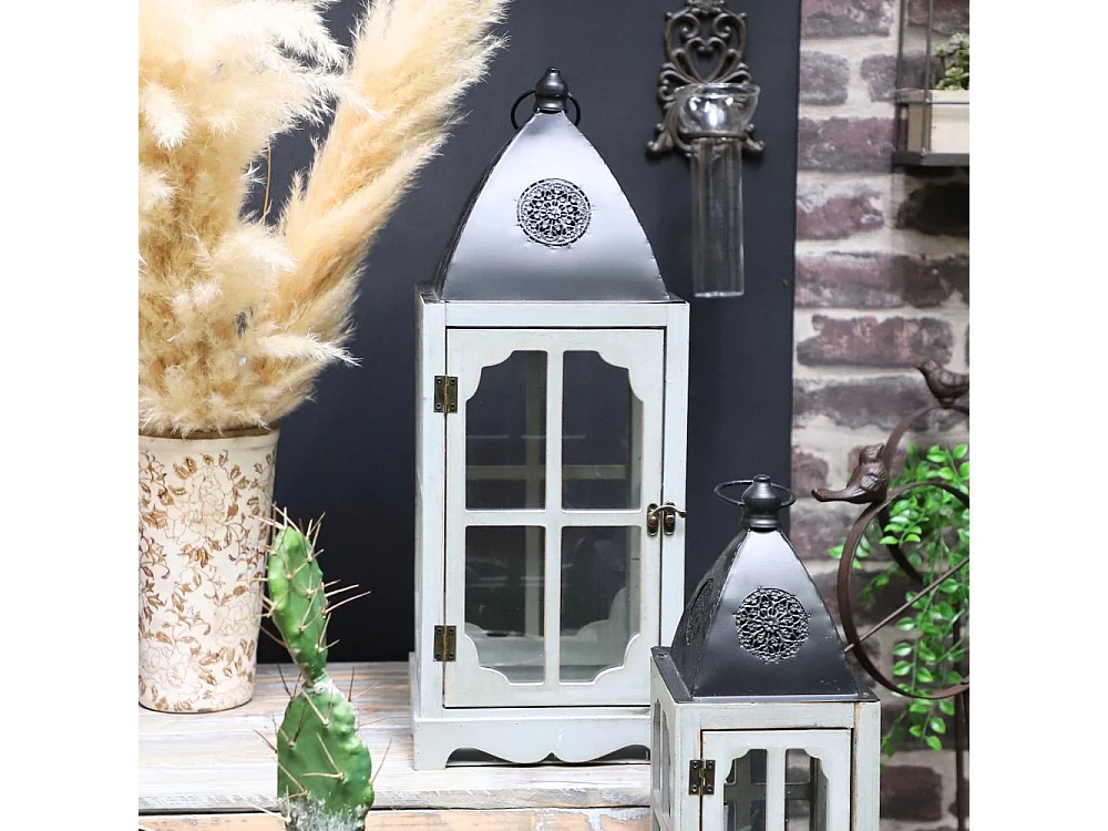 Lanternes jardin extérieur à poser bougie ancienne bois blanc 58-39cm