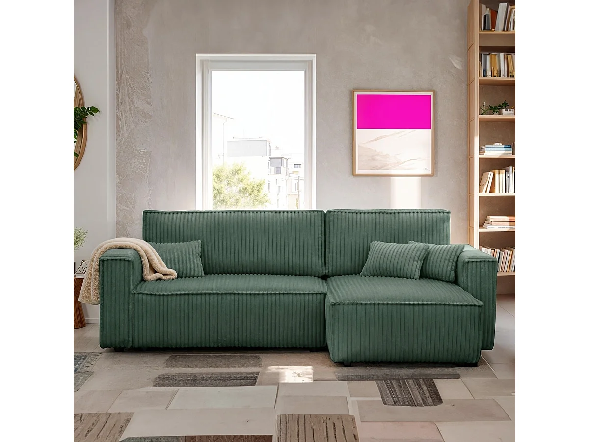 Canapé d'angle convertible réversible 4 places en velours gros côtelé vert foncé - Livia