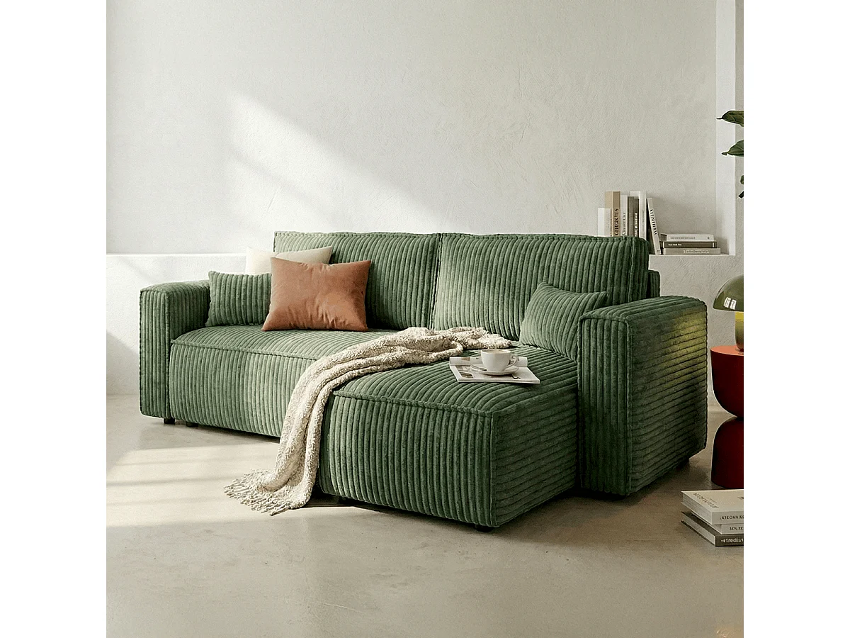 Canapé d'angle convertible réversible 4 places en velours gros côtelé vert foncé - Livia