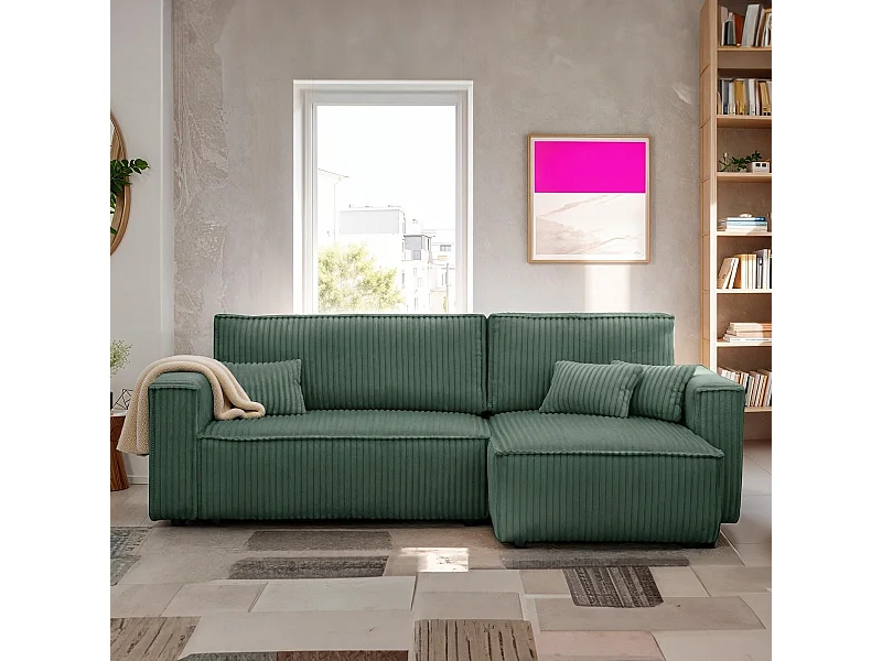 Canapé d'angle convertible réversible 4 places en velours gros côtelé vert foncé - Livia