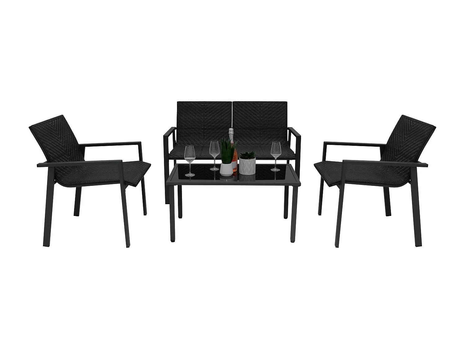 Rotan Tuinmeubelset | Zwart 4 Stuk Balkon Terras Machine Geweven Polyrattan Lounge Fauteuil Tuinbank Binnen Buiten Serre Waterdichte Regenhoes