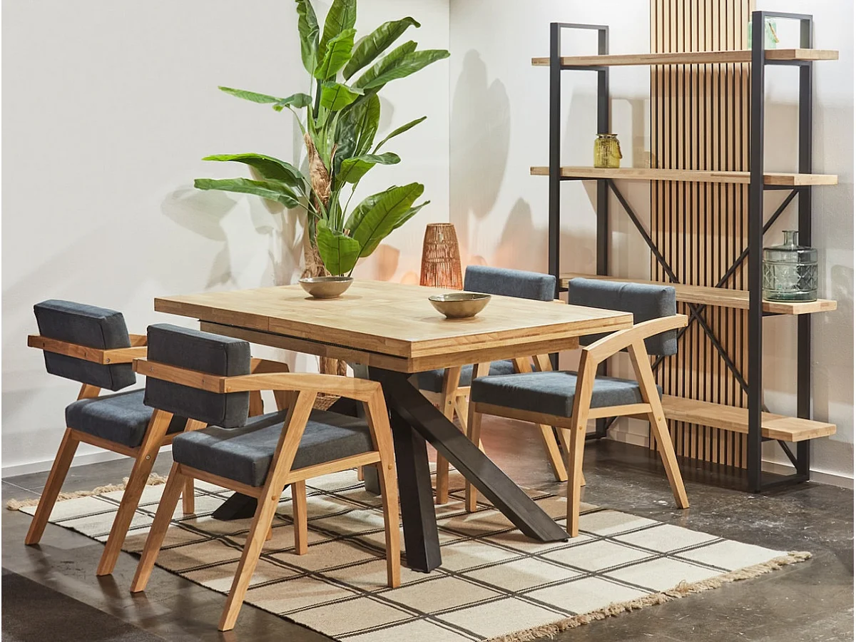 MALANA - Table de repas extensible bois clair et acier noir