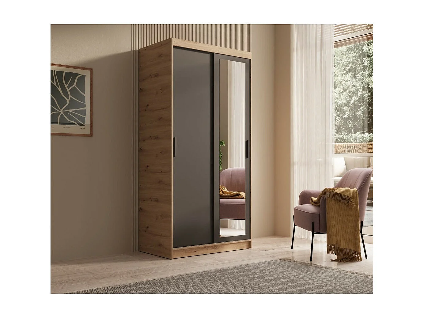 Kleiderschrank Helga (100cm)/Schiebetüren/Spiegel/Schwarz&Braun