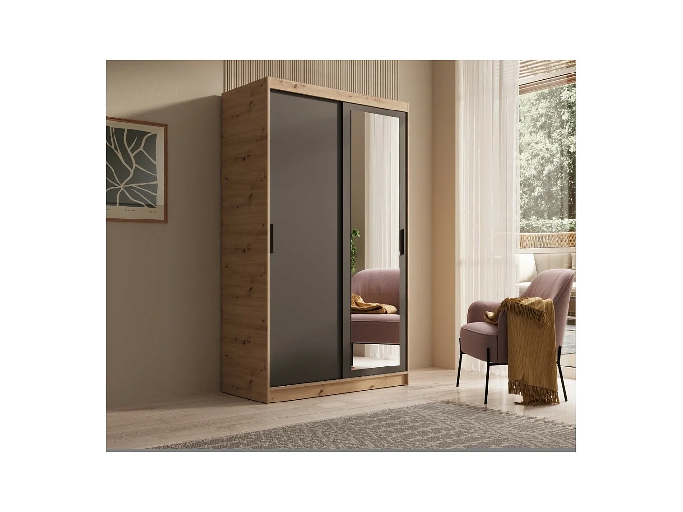 Armoire Helga (120 cm)/Portes coulissantes/Miroir/Noir&Marron
