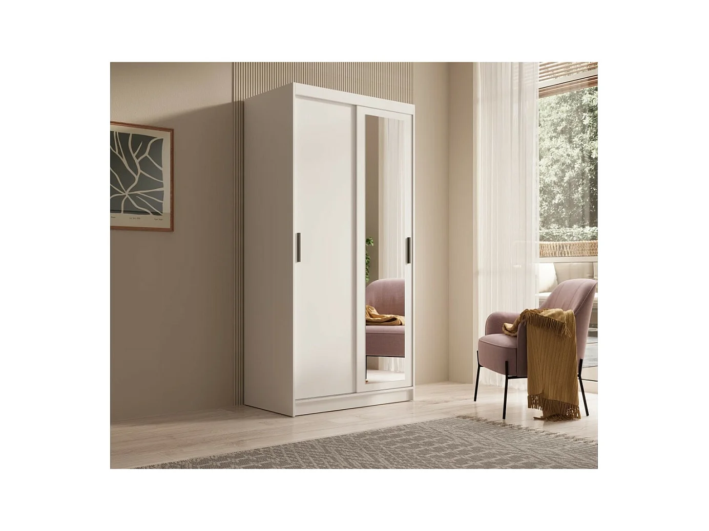 Armadio Helga (100cm)/Ante scorrevoli/Specchio/Bianco