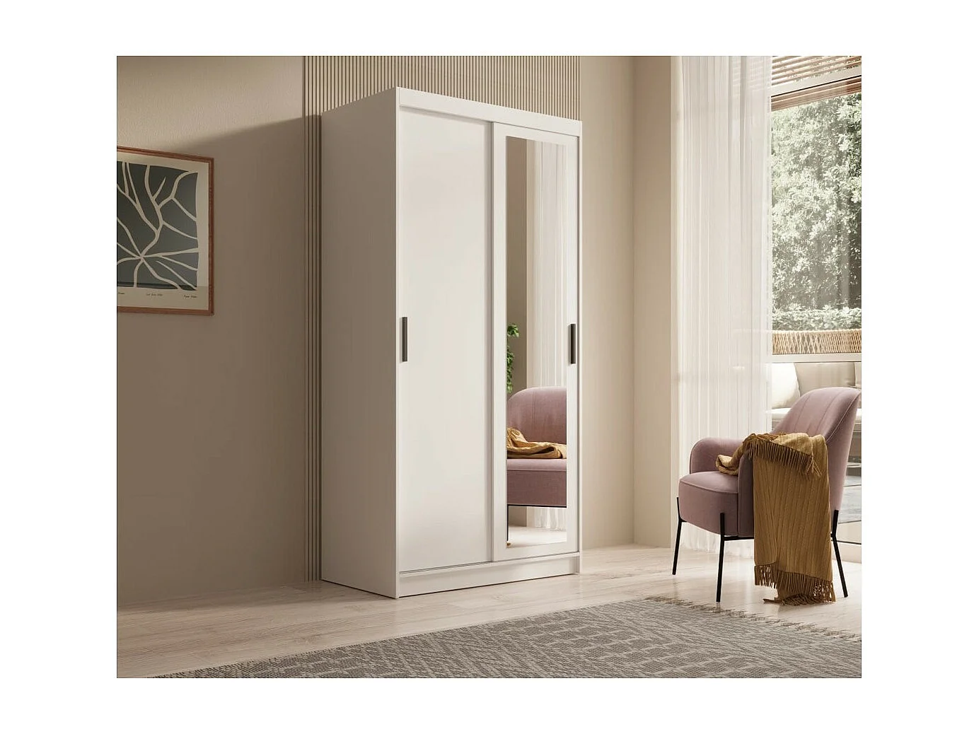 Armadio Helga (100cm)/Ante scorrevoli/Specchio/Bianco