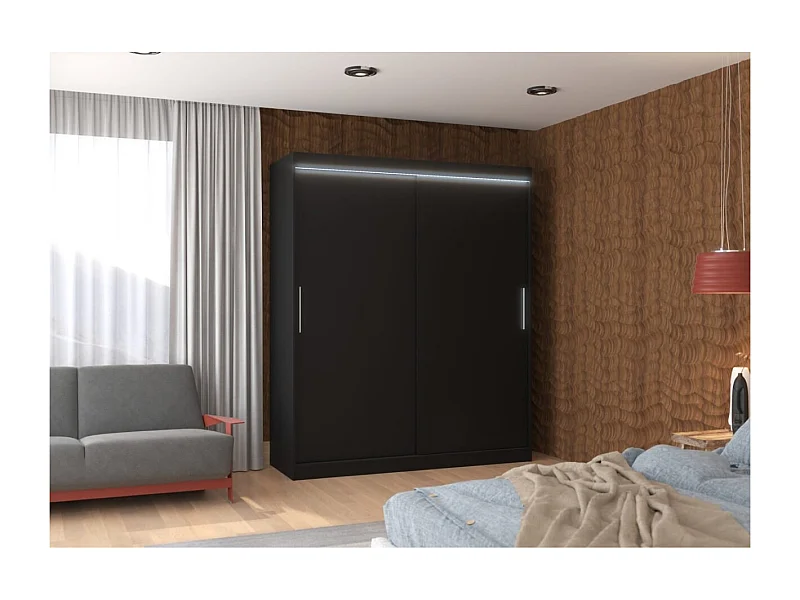 Armoire Liam (180cm)/Portes coulissantes/LED/Noir