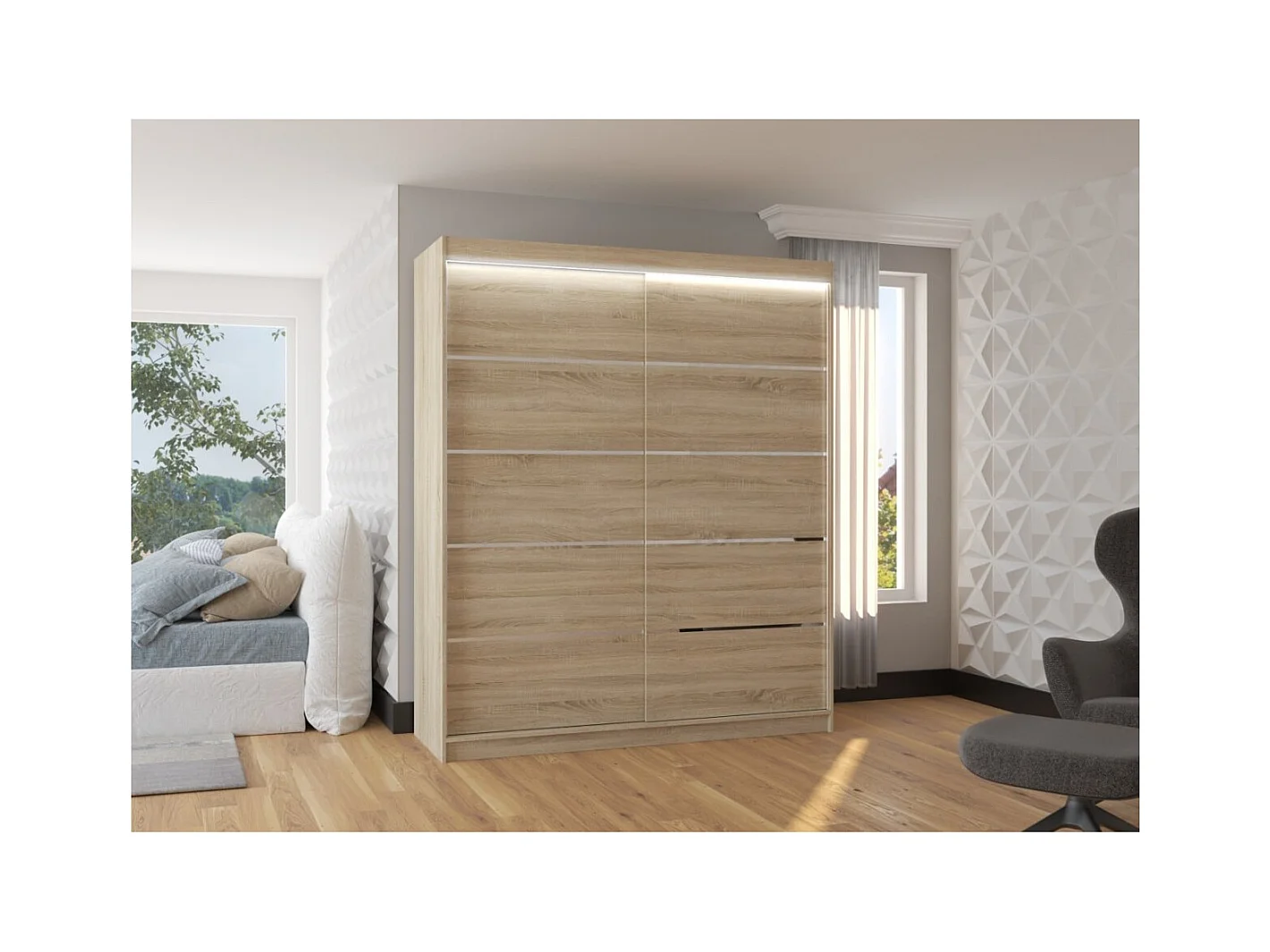 Armoire Sierra (180 cm)/Portes coulissantes et LED/Sonoma
