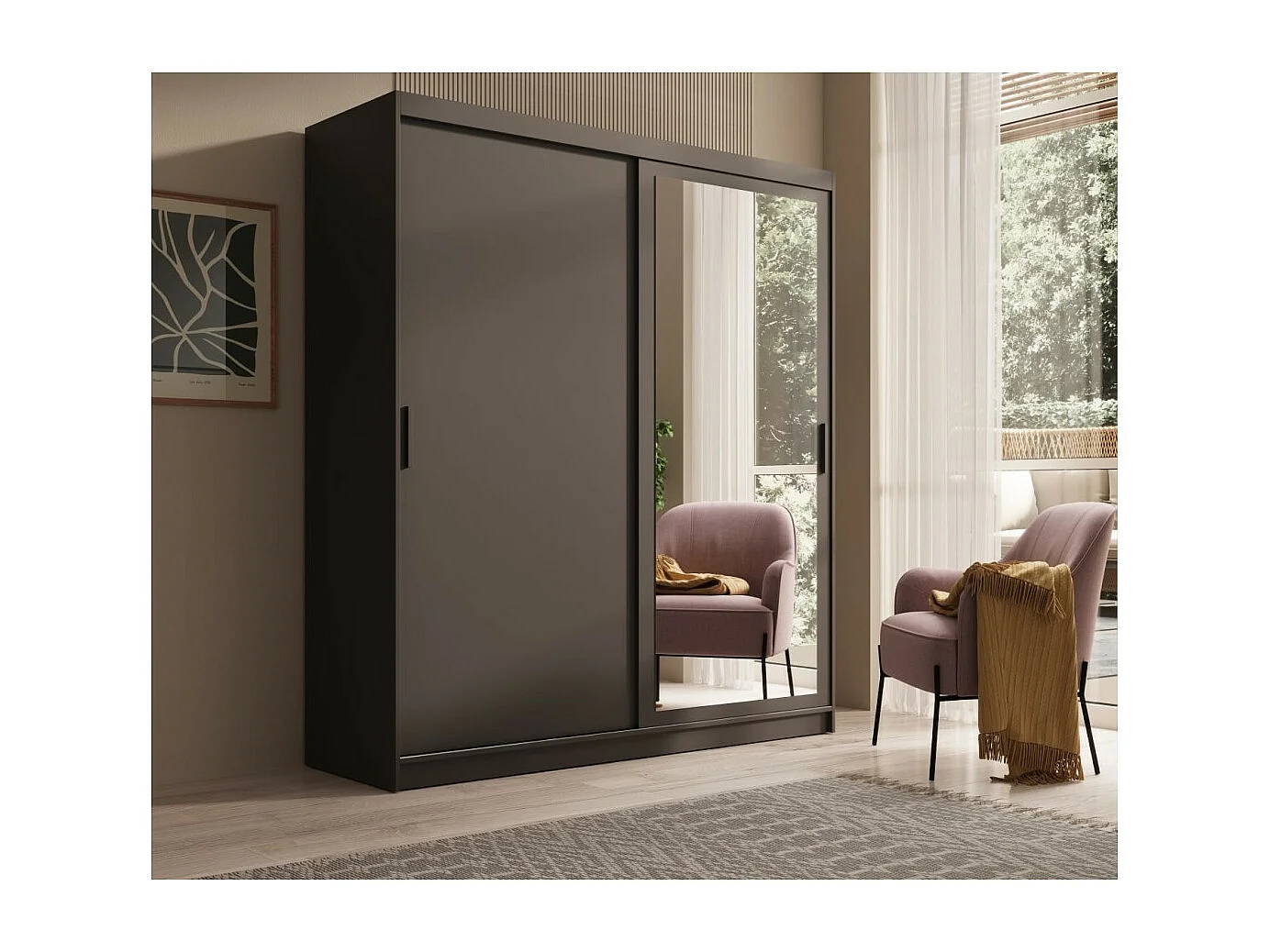 Armadio Helga (180cm)/Ante scorrevoli/Specchio/Nero
