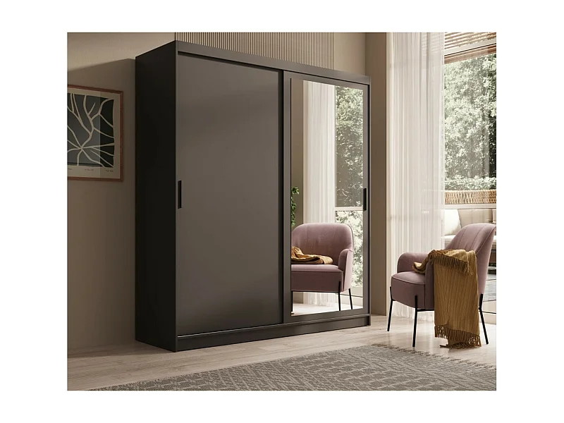 Armoire Helga (180 cm)/Portes coulissantes/Miroir/Noir Blanc