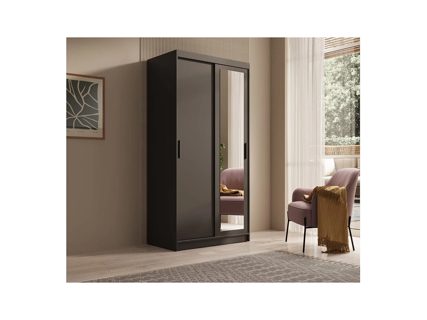 Armadio Helga (100cm)/Ante scorrevoli/Specchio/Nero