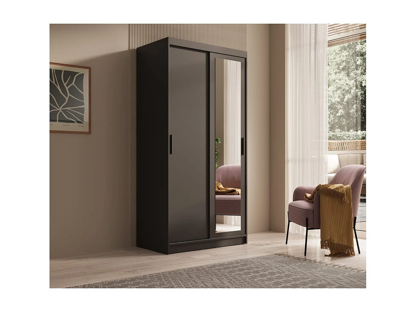 Kleiderschrank Helga (100cm)/Schiebetüren/Spiegel/Schwarz