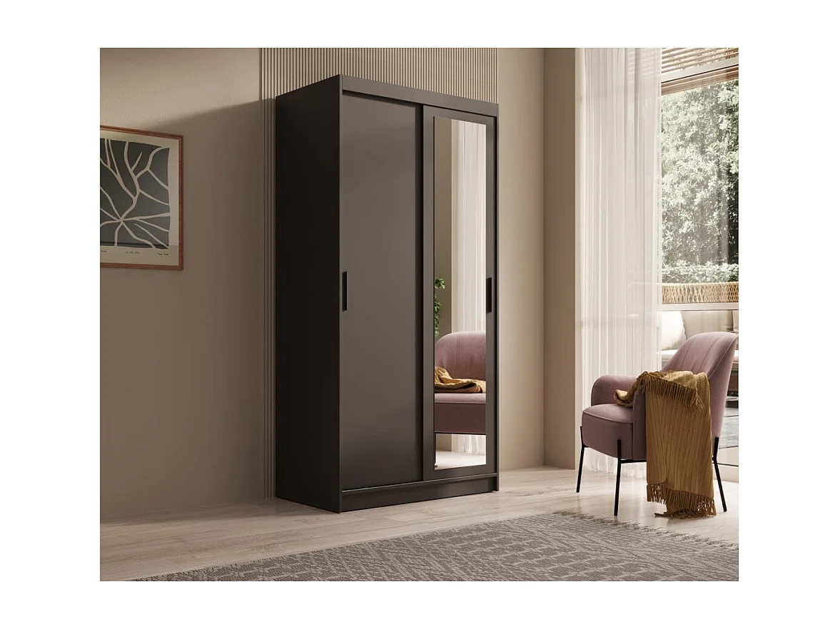 Kleiderschrank Helga (100cm)/Schiebetüren/Spiegel/Schwarz