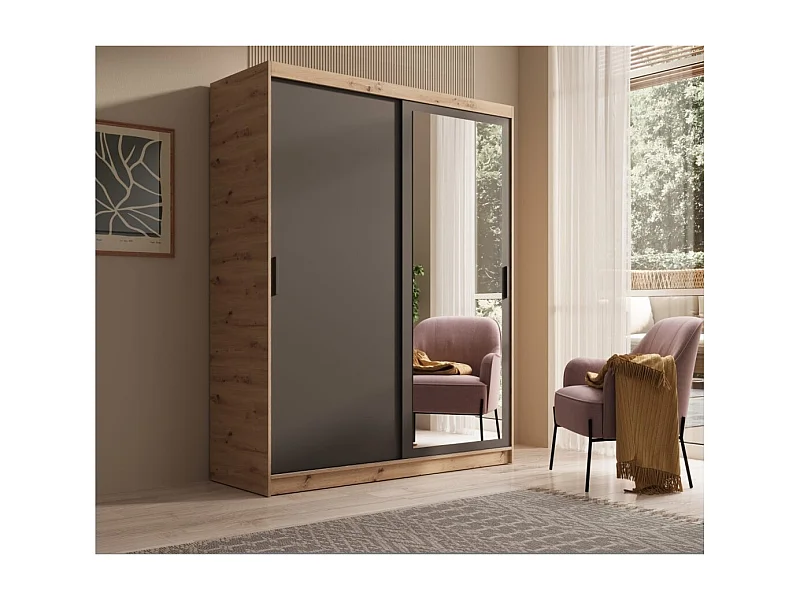 Armoire Helga (160cm)/Portes coulissantes/Miroir/Noir&Marron