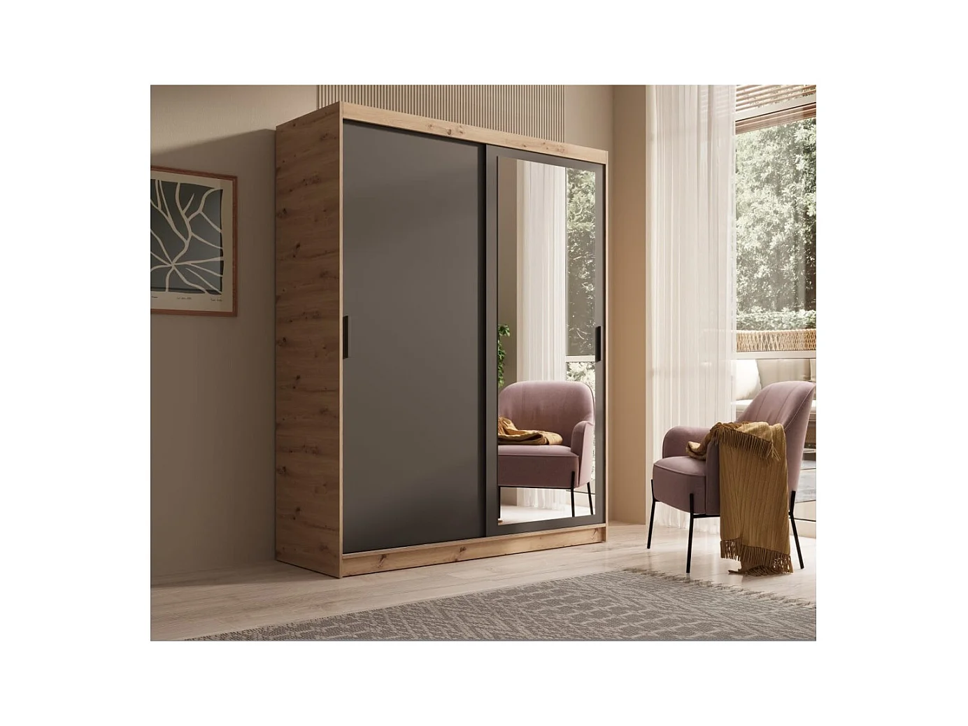 Kleiderschrank Helga (160cm)/Schiebetüren/Spiegel/Schwarz&Braun