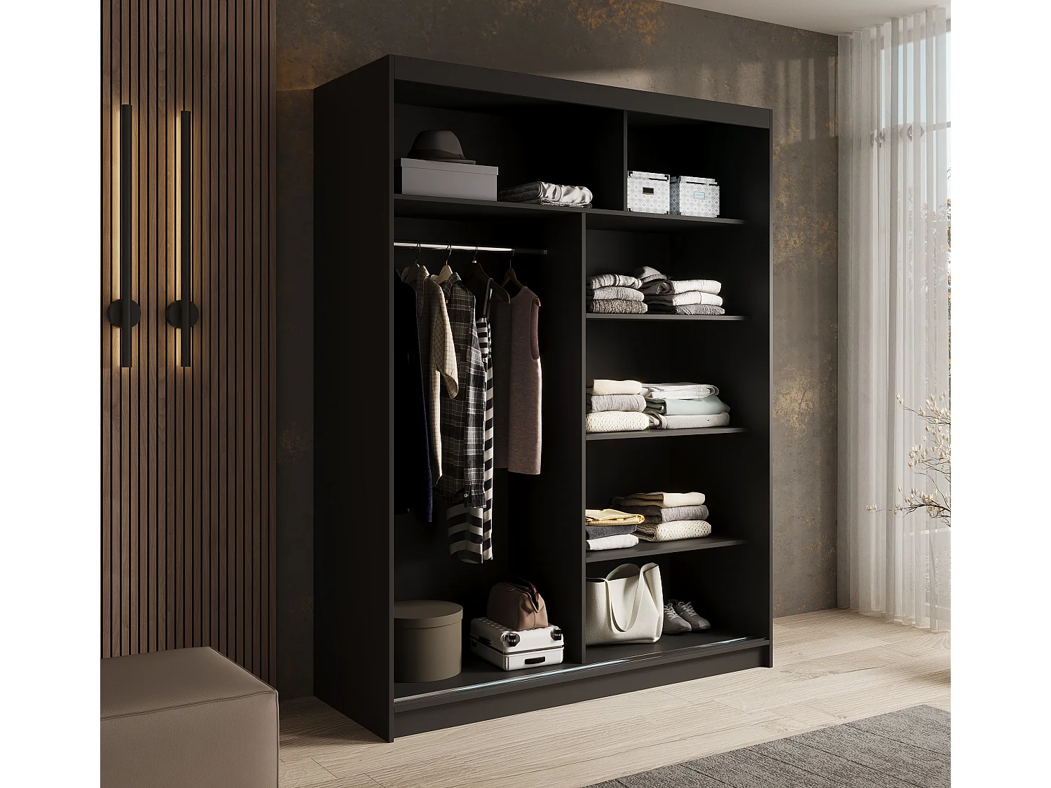 KARDI 150 2-deurs schuifdeurkast – Modern design en elegante afwerking-Kleur Zwart