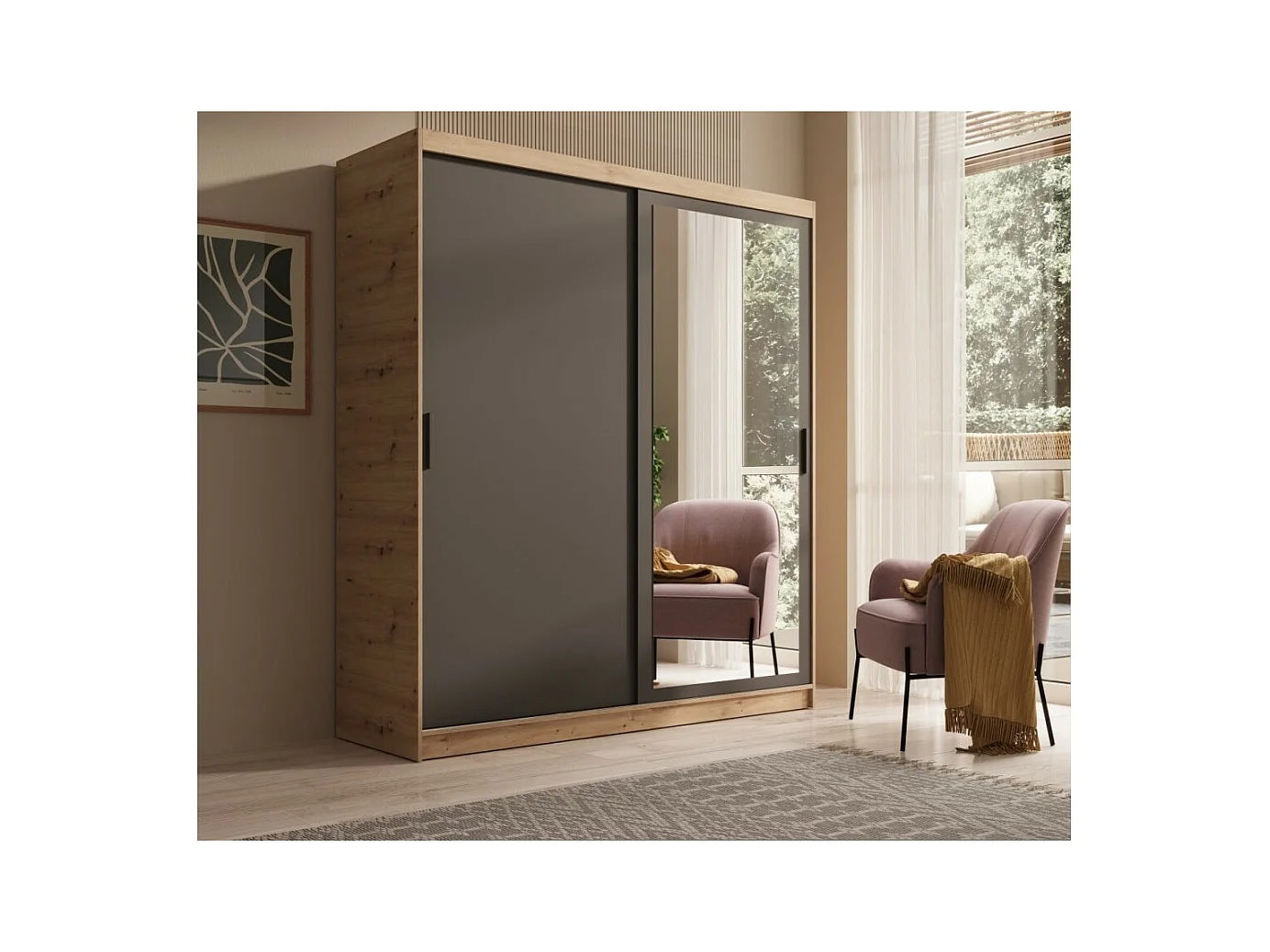 Armadio Helga (180cm)/Ante scorrevoli/Specchio/Nero&Marrone