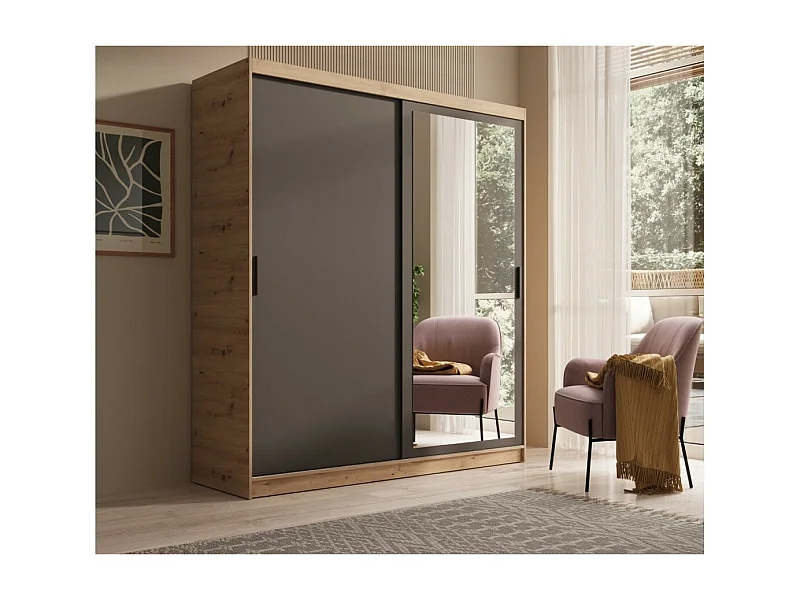 Armoire Helga (180 cm)/Portes coulissantes/Miroir/Noir&Marron