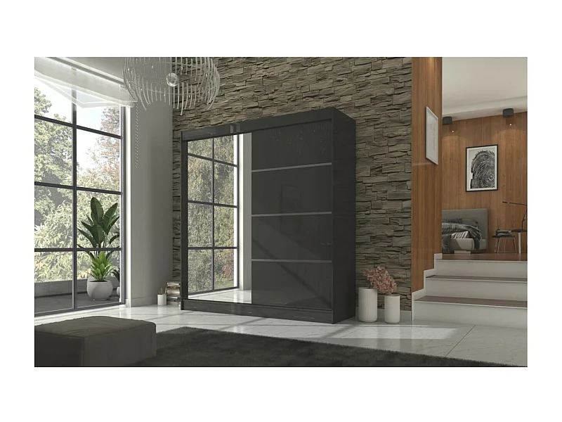 Kleiderschrank Milton (200cm)/Schiebetüren/Spiegel/Schwarz