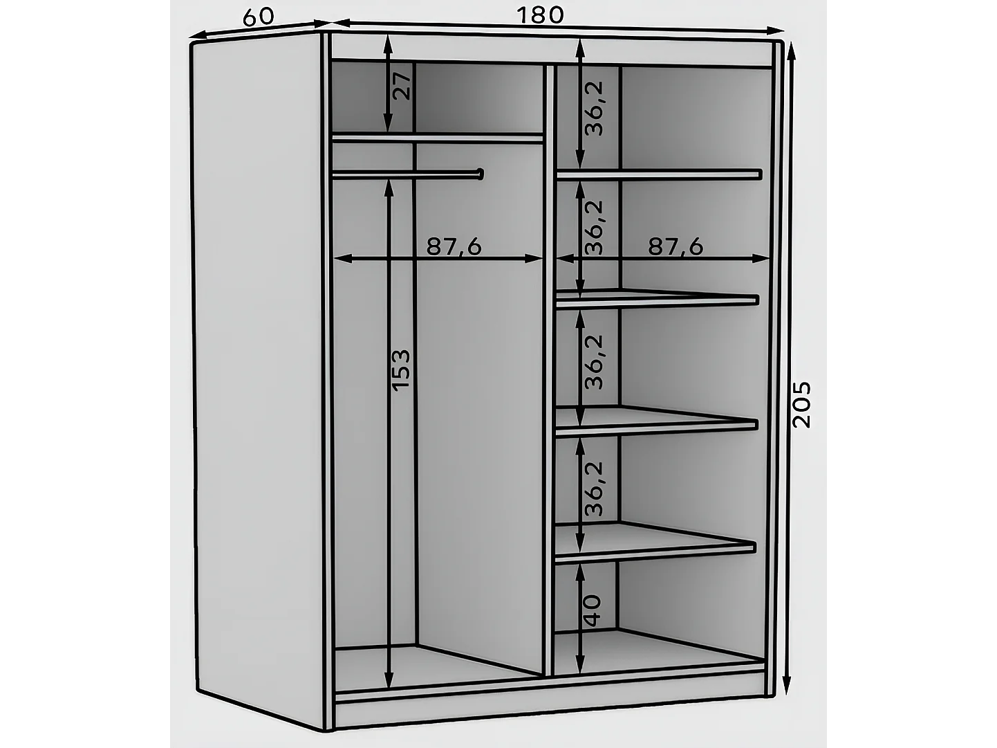Kleiderschrank Helga (180cm)/Schiebetüren/Spiegel/Weiss