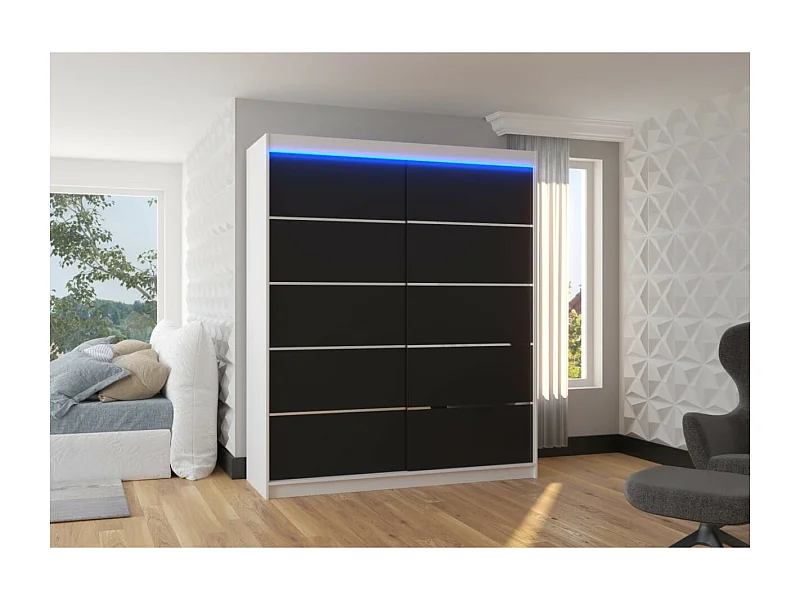 Armoire Sierra (180 cm)/Portes coulissantes et LED/Noir Blanc