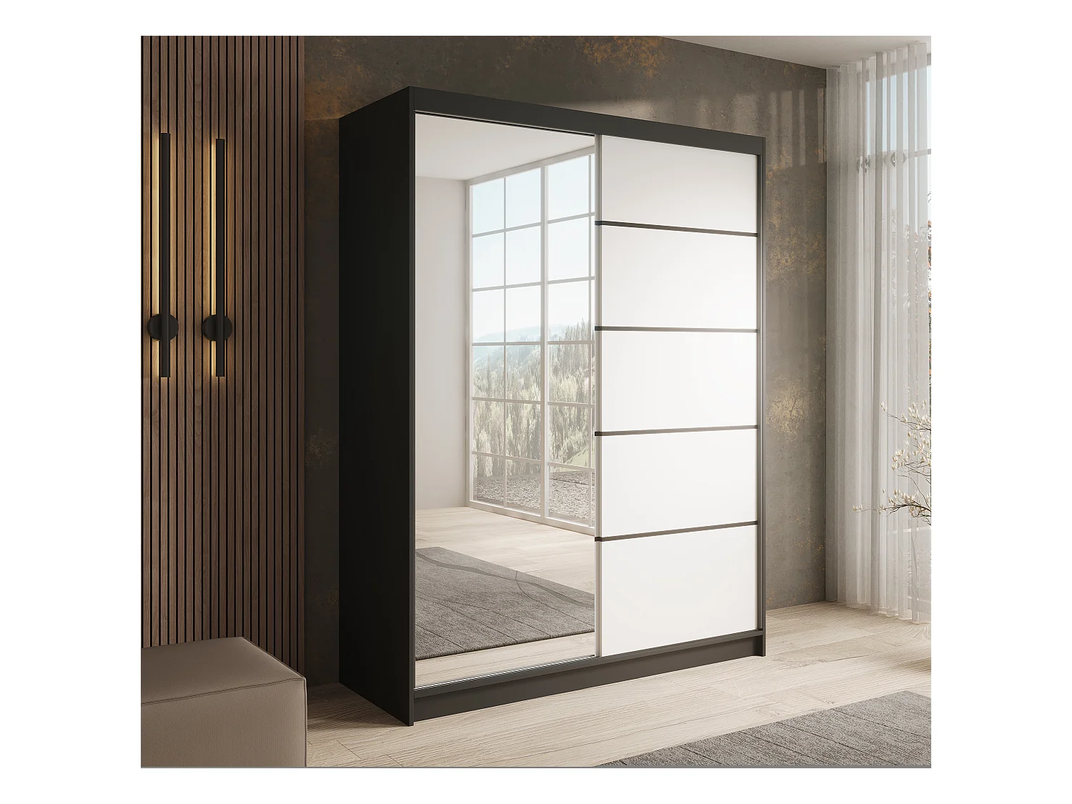 Armoire coulissante 2 portes KARDI 150 – Design moderne et finition élégante-Noir/Blanc
