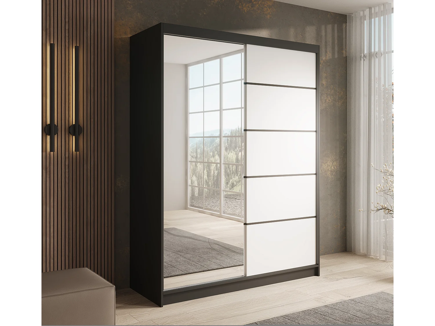 Armoire coulissante 2 portes KARDI 150 – Design moderne et finition élégante-Noir/Blanc