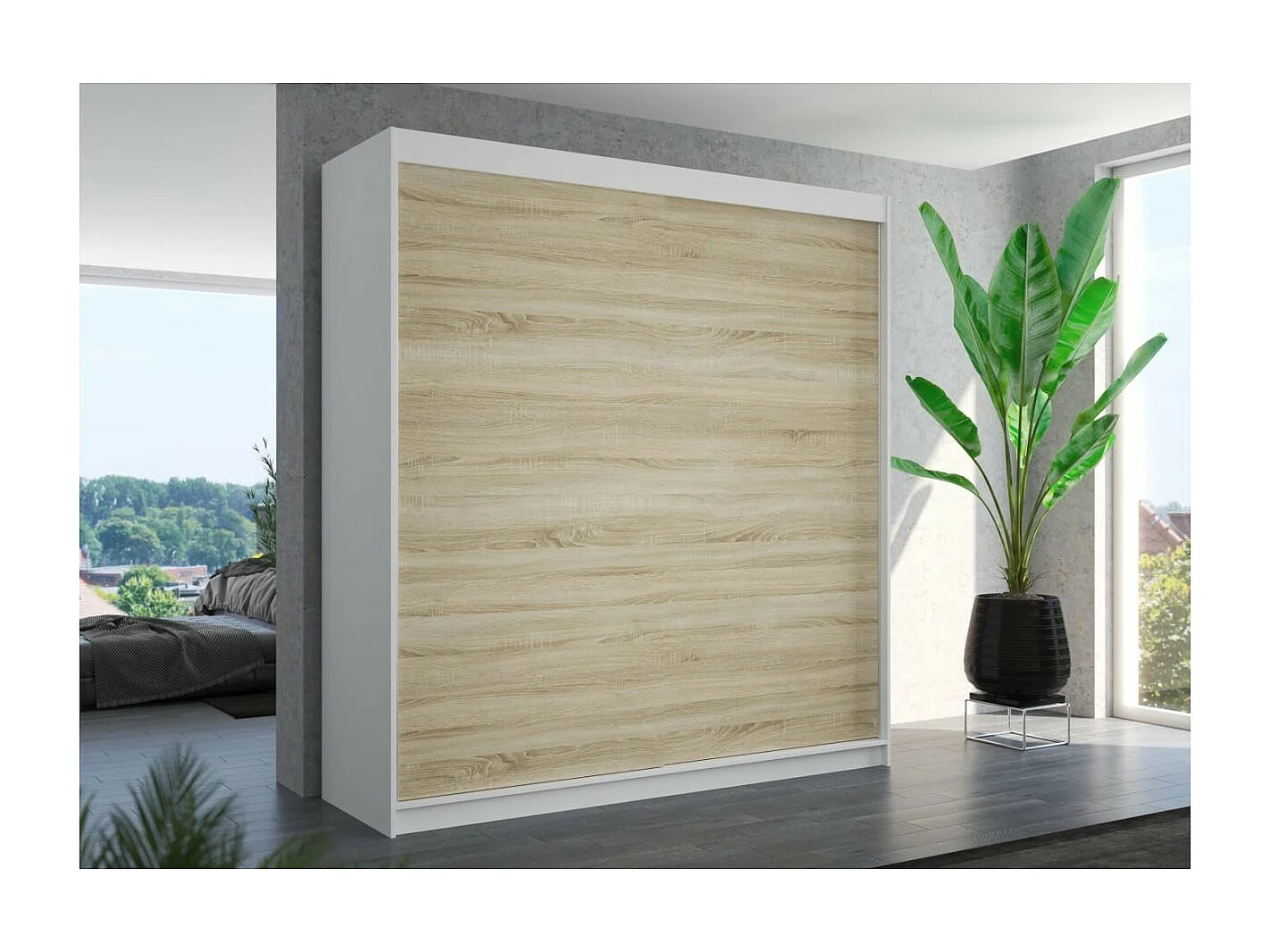 Armoire Tessia (200 cm)/Portes coulissantes/Blanc&Sonoma
