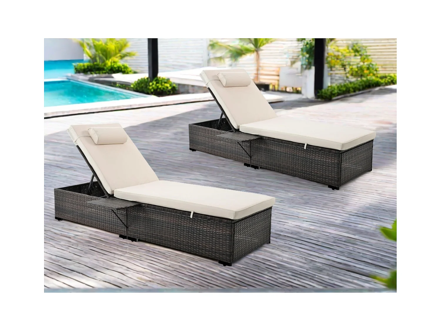 Lot de 2 transats coussins beiges en résine tressée avec tablette latérale PUNTA CANA