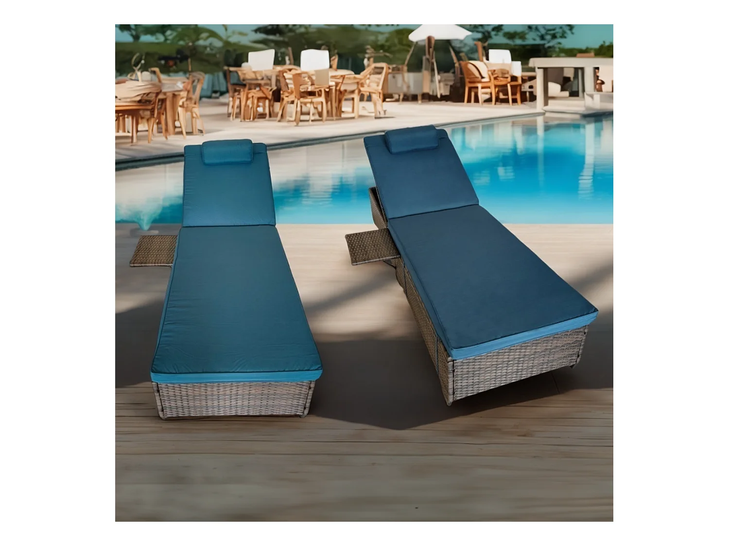 Lot de 2 transats coussins bleus foncé en résine tressée avec tablette latérale PUNTA CANA