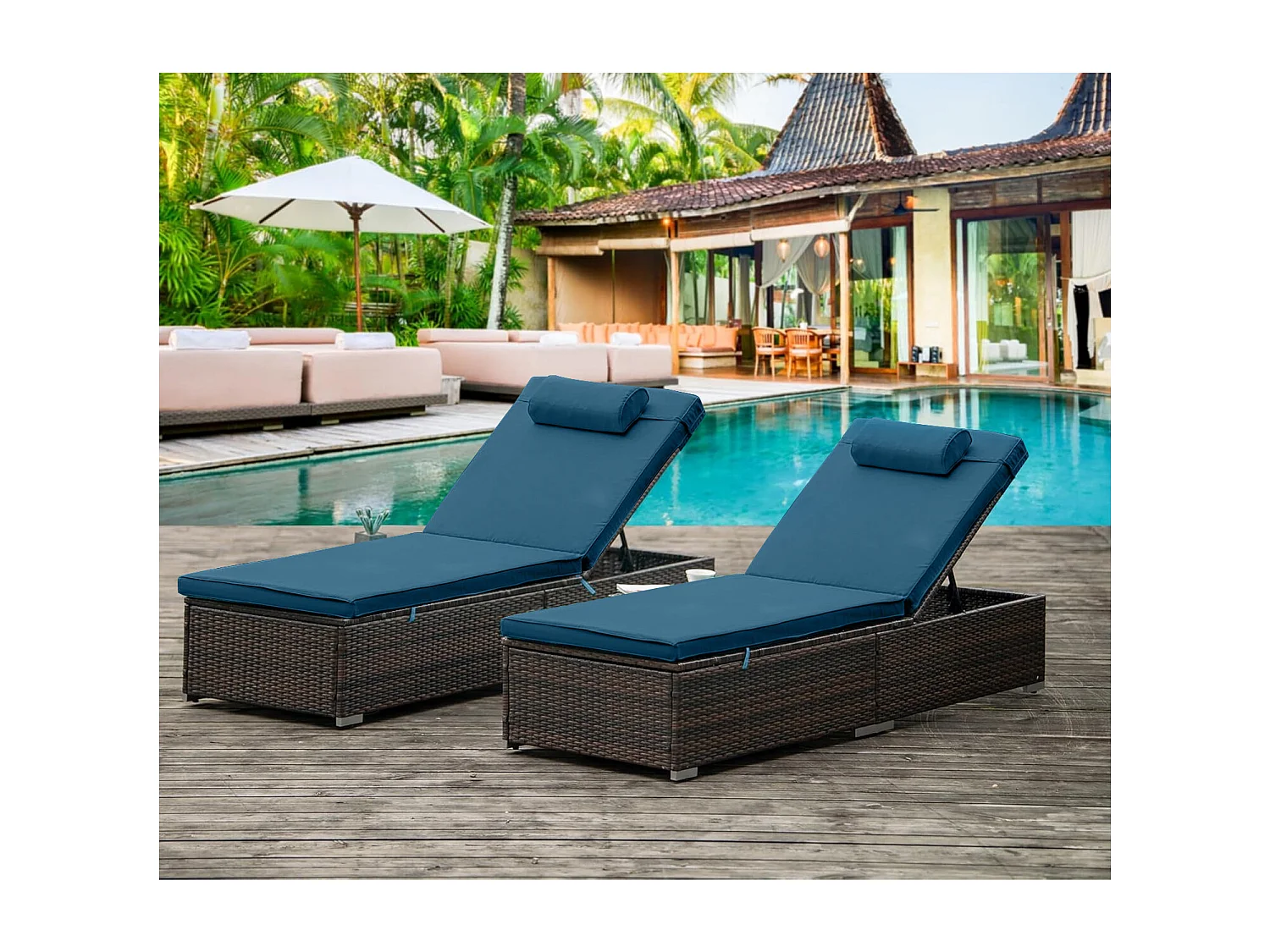 Lot de 2 transats coussins bleus foncé en résine tressée avec tablette latérale PUNTACANA