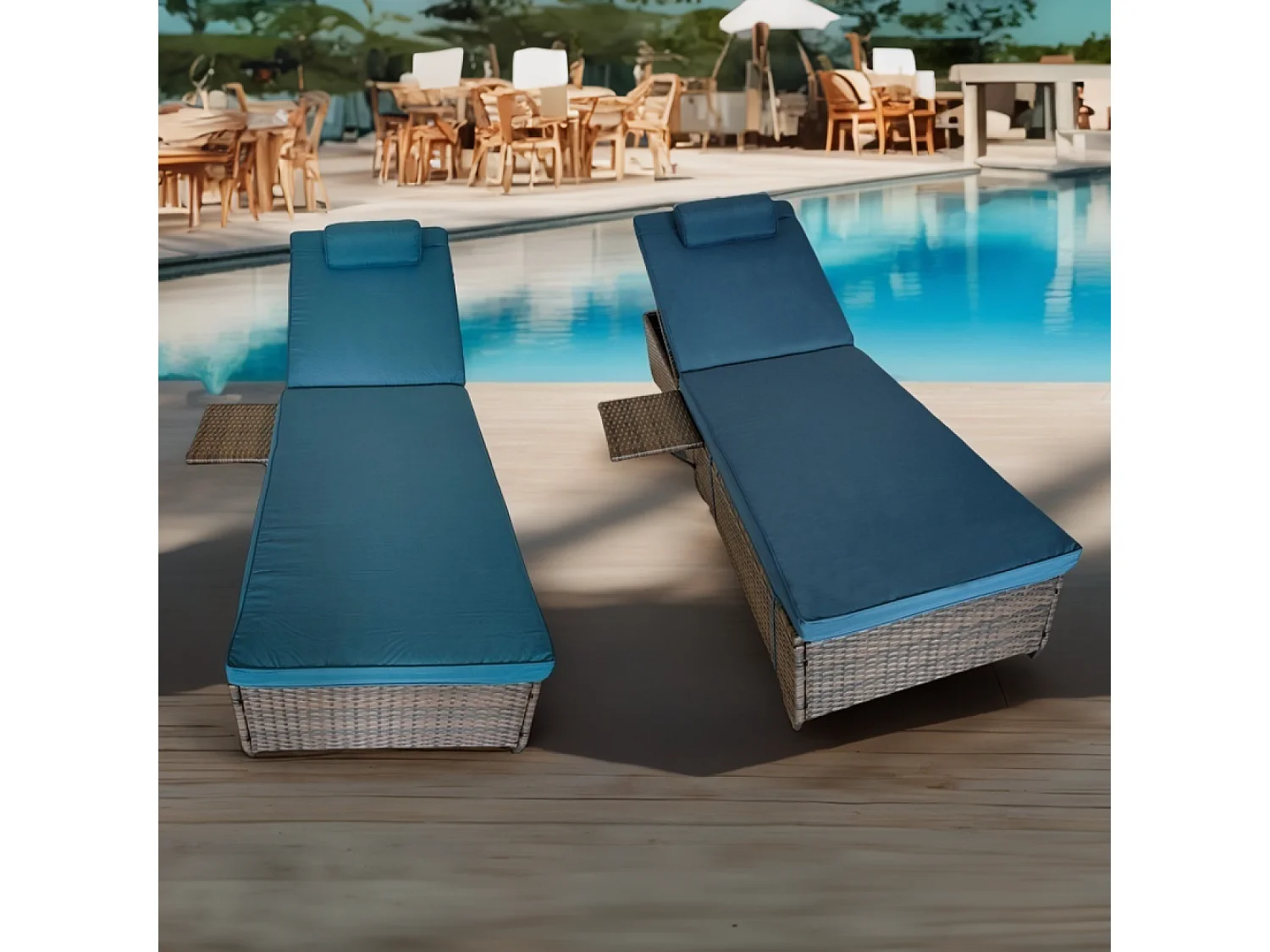 Lot de 2 transats coussins bleus foncé en résine tressée avec tablette latérale PUNTACANA