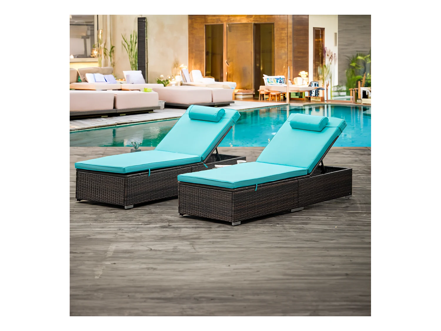 Lot de 2 transats coussins bleus en résine tressée avec tablette latérale PUNTA CANA