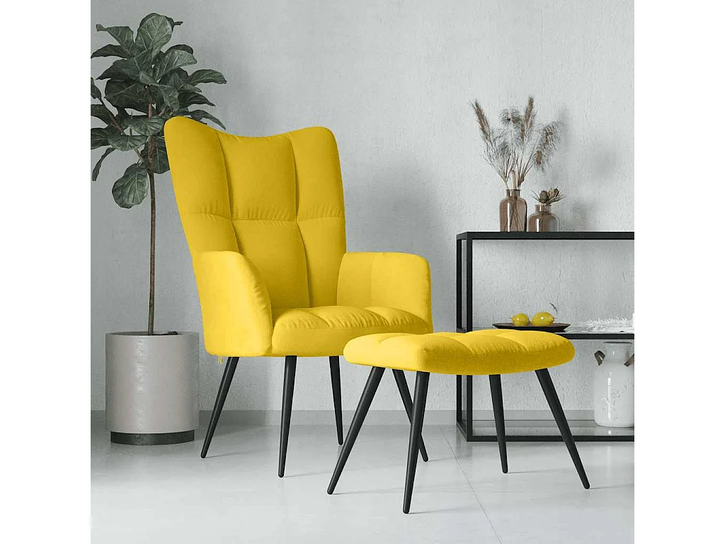 Fauteuil relax avec tabouret en velours jaune moutarde